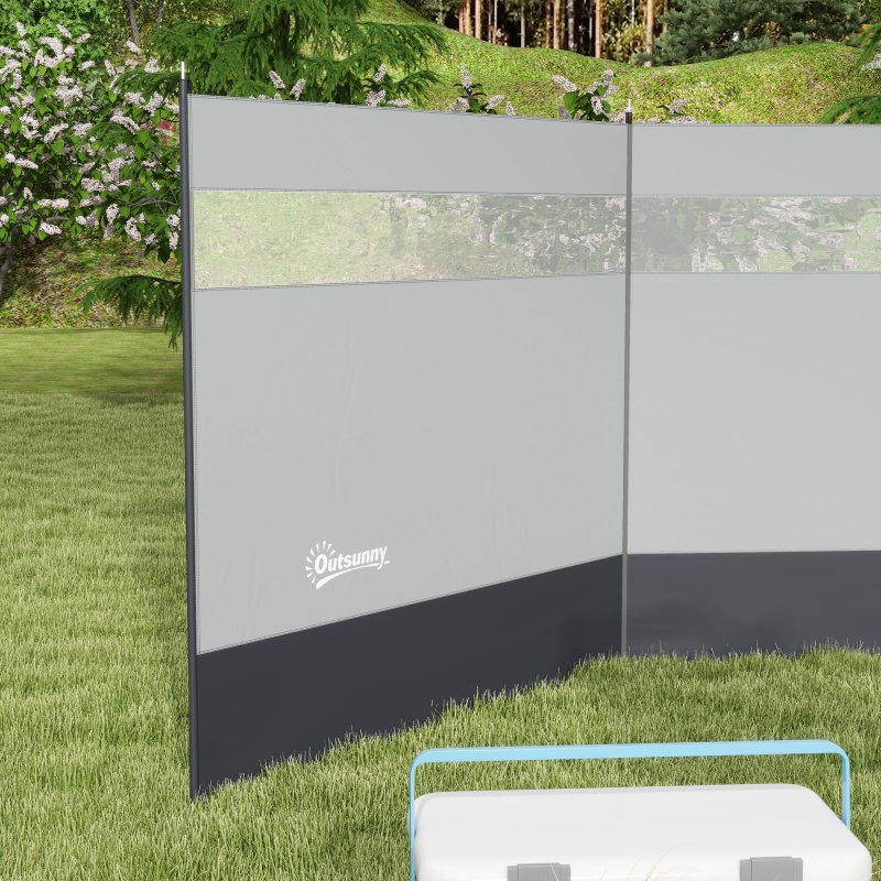 Outsunny Camping Windbreak, 4 Pole Windbreaker Blocker with Clear Windows, Carry Bag and Steel Poles, for Beach Caravan Campervan, 440 x 140cm, Grey