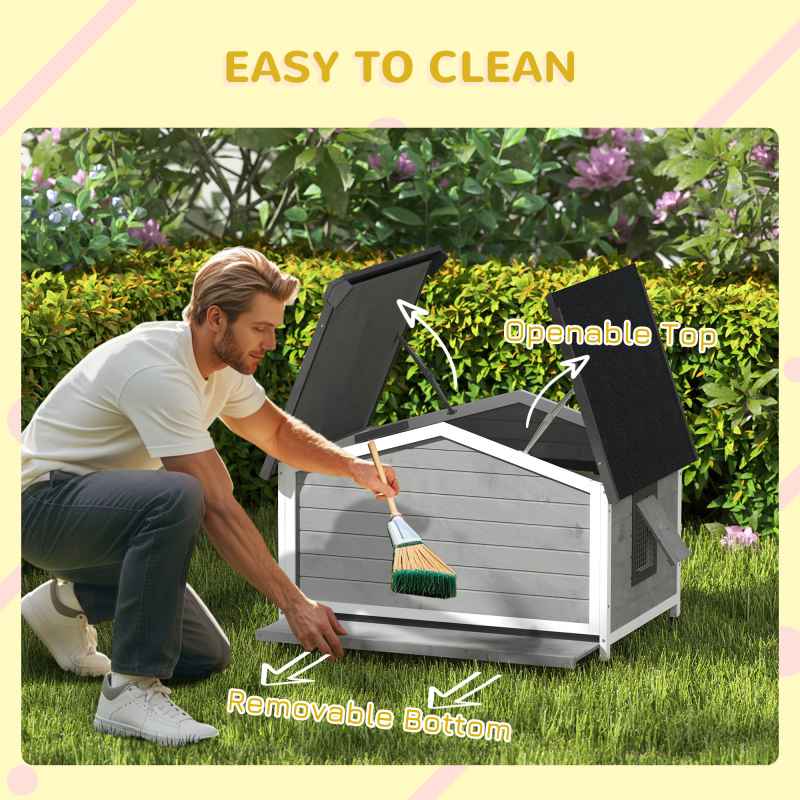 PawHut Wooden Dog Kennel Outdoor, Elevated Dog House for Outside, with Openable Top, Asphalt Roof, Windows, Curtain, Removable Tray, Adjustable Legs, 65H x 97L x 72Wcm, Grey