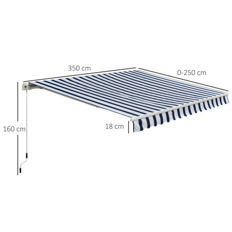 Outsunny 3.5 x 2.5m Garden Patio Retractable Manual Awning Canopy, Adjustable Sun Shade Shelter with New Winding Handle - Blue/White