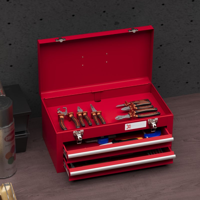 DURHAND 2 Drawer Tool Chest, Lockable Metal Tool Box with Ball Bearing Runners, Portable Toolbox, 460mm x 240mm x 220mm, Red