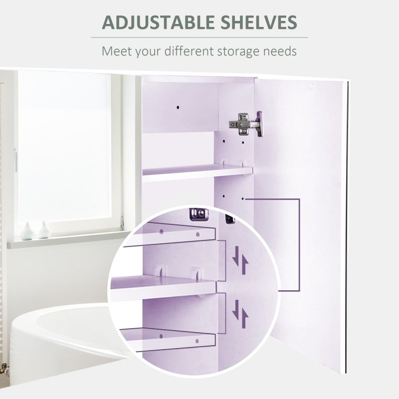 HOMCOM Double Door Wall Mounted Glass Mirror Cabinet Modern Storage Unit Bathroom Shelf Organiser Waterproof Wooden Frame 80Wx15Dx60H(cm)