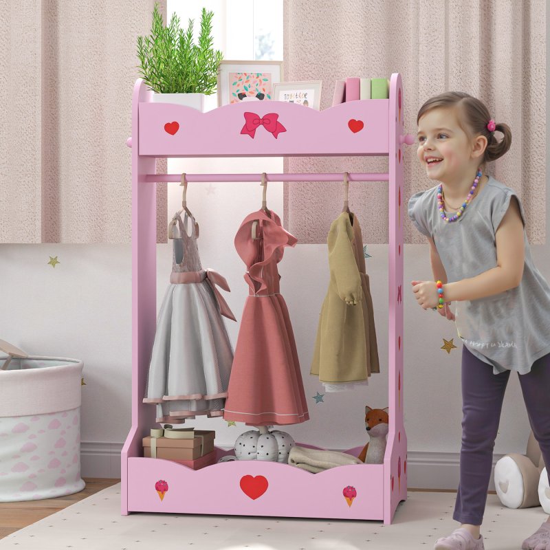 AIYAPLAY Kids Clothes Rail, Dress Up Rail with Top, Bottom Storage Shelves, for Bedroom, Kids Room, Nursery, 70 x 37 x 103cm, Hot Pink