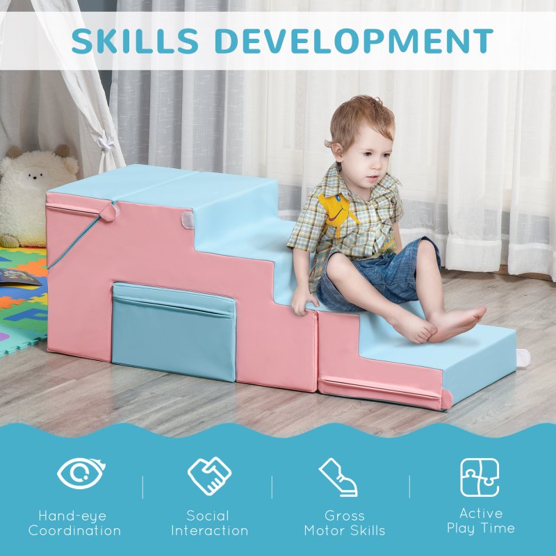 HOMCOM Soft Play Set, 2 Piece Baby Foam Blocks Climb and Crawl Activity Toys, Toddler Soft Play Equipment for 1-3 Years, Pink Blue