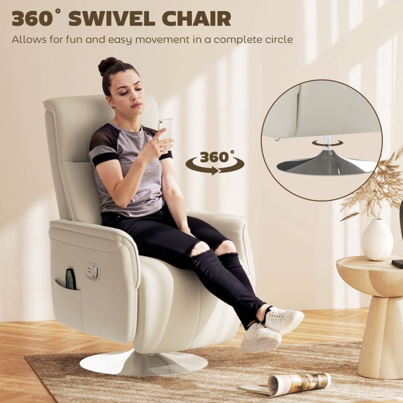 HOMCOM Massage Recliner Chair with Footstool, Upholstered Reclining Armchair with Adjustable Backrest and Steel Frame, Breathable Linen Fabric Swivel Chair for Living Room, Bedroom, Cream White