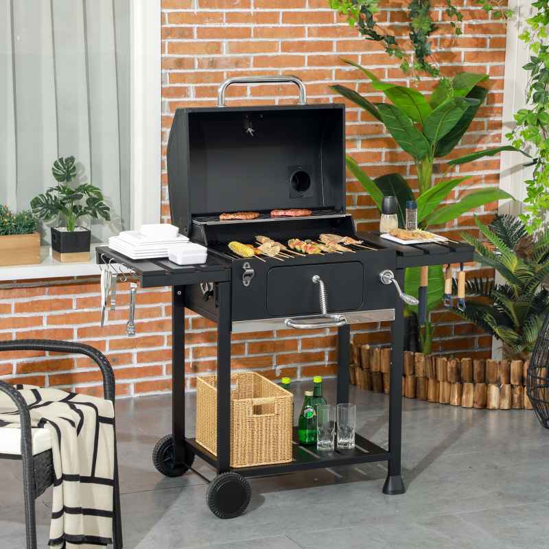 Outsunny Charcoal Barbecue Grill Trolley with Adjustable Charcoal Pan, Galvanised Steel Smoker BBQ Grill with Storage Shelves, Lid, Themometer, Bottle Opener and Wheels, Black