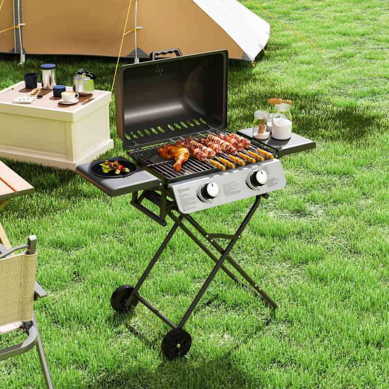 Outsunny Foldable Gas BBQ with Side Tables, 2 Burner Portable Gas Barbecue Grill with Thermometer Lid Grease Tray Wheels, Folding Trolley for Garden Party Camping Picnic Outdoor Cooking, 5.6KW, Black