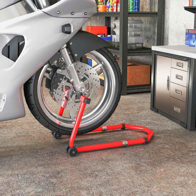 HOMCOM Motorcycle Stand Lift, 390 kg Capacity Convertible Front/Rear Motorbike Motorcycle Paddock Lift Stand with Adjustable U+L Fork Pin Adaptors, Wheels, Clamping Clips, Red