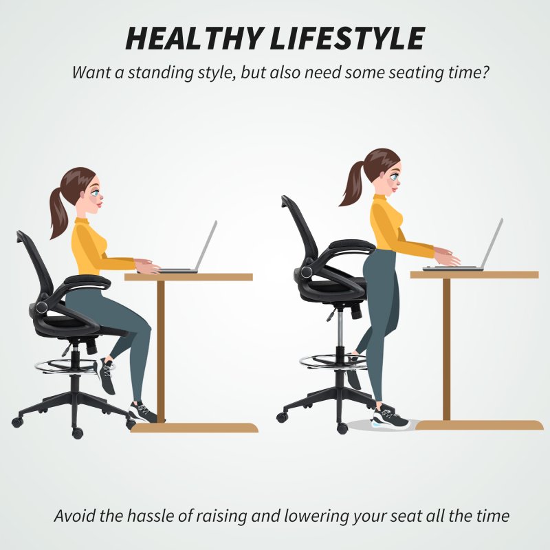 Vinsetto Drafting Chair with Flip-up Armrest, Mesh Office Stool with Foot Ring, 360 Degree Swivel Height Adjustable Chair for Standing Desk, Black