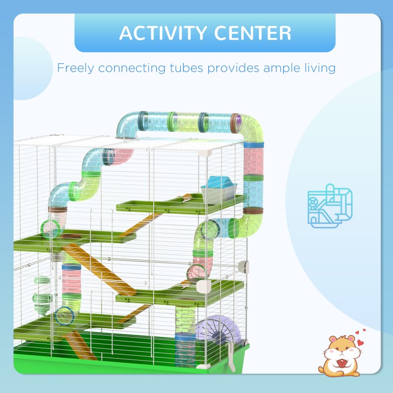 PawHut 5 Tier Hamster Cage, Gerbil Cage with Tube, Water Bottle, Exercise Wheel, Food Dish, 59L x 36W x 69H cm - Green