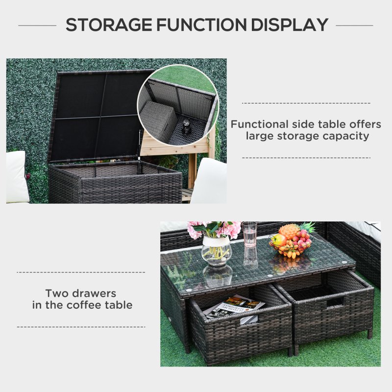 Outsunny 4 Pieces Rattan Garden Furniture Set, 4 Seater Corner Sofa Set with Storage Box, 2 Drawers Coffee Table, Loveseats with Cushions, Wicker Garden Conservatory Furniture for Balcony, Brown