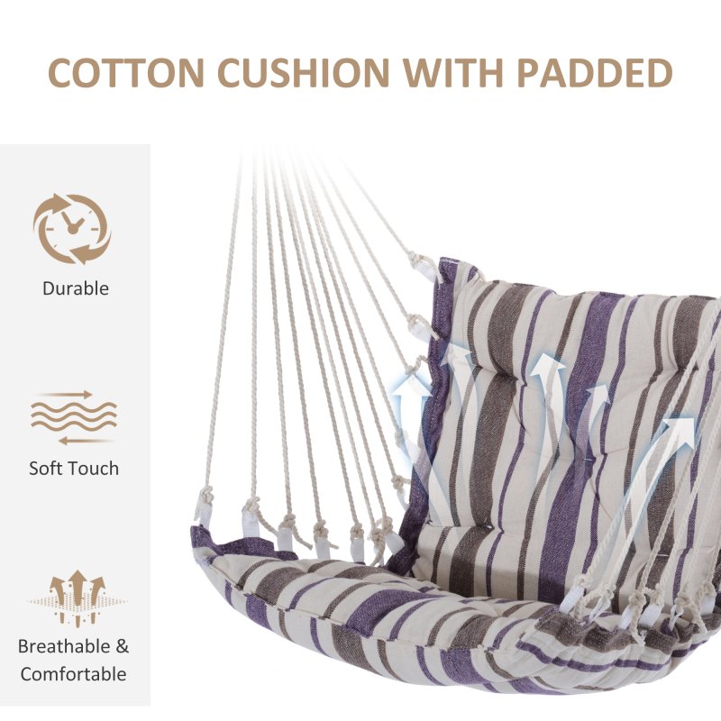 Outsunny Outdoor Hanging Rope Chair with Soft Padded Seat & Backrest, Garden Hammock Chair with Wooden Support Bar Cotton Cloth, Portable Garden Chair for Patio & Tree, Brown