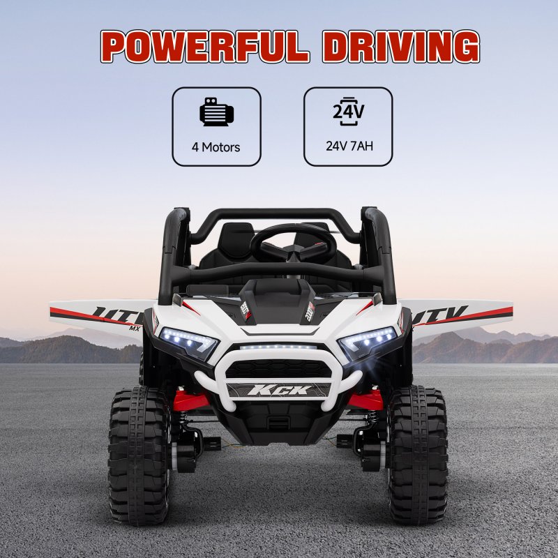 AIYAPLAY 2 Seater Ride on Truck, 24V 7AH Battery Powered Electric Ride On Car with Parental Remote Control, Spring Suspension, 3 Speeds, LED Lights, MP3, Horn, Music, White