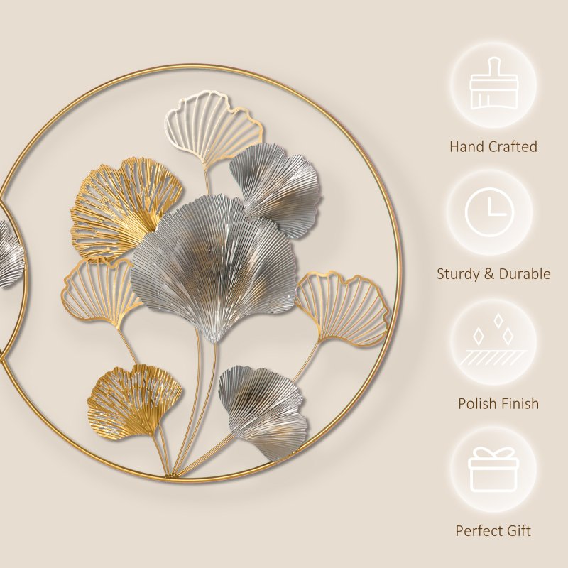 HOMCOM 3D Metal Wall Art Modern Ginkgo Leaves Hanging Wall Sculptures Home Decor for Living Room Bedroom Dining Room, Gold