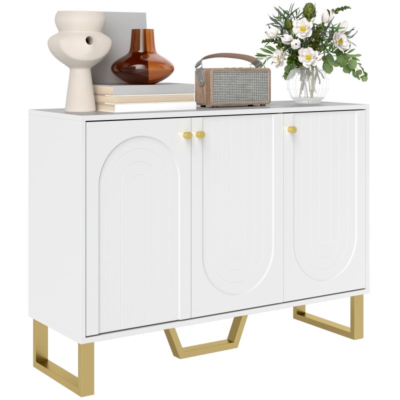 HOMCOM Sideboard with 3 Doors, Modern Storage Cabinet with Adjustable Shelves & Centre Leg for Living Room, Dining Room, Kitchen, TV Cabinet for 50 Inch TV, White