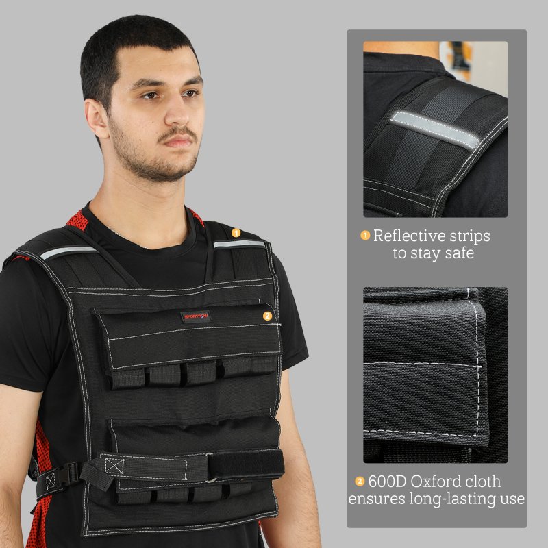 SPORTNOW 20KG Adjustable Weighted Vest, Weight Vest with 20 Metal Weights, Adjustable Straps and Reflective Strips, for Men and Women Running Cardio Exercise Strength Training