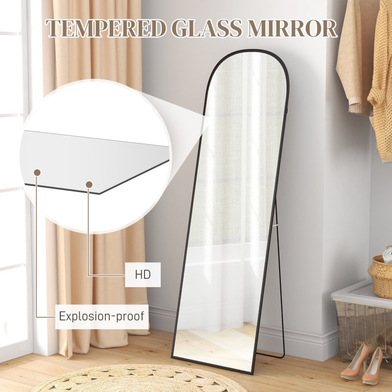 HOMCOM Full Length Mirror, 162x50cm Arched Free Standing Floor Mirror with Aluminium Alloy Frame, Hanging or Leaning for Living Room, Bedroom, Black Frame