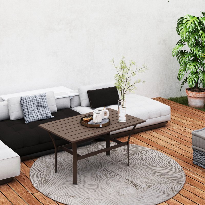 Outsunny Metal Garden Coffee Table, Rectangular Outdoor Side Table with Slatted Tabletop, Foot Pads for Outside, Garden, Balcony, Porch, 91.5 x 55 x 45cm, Brown