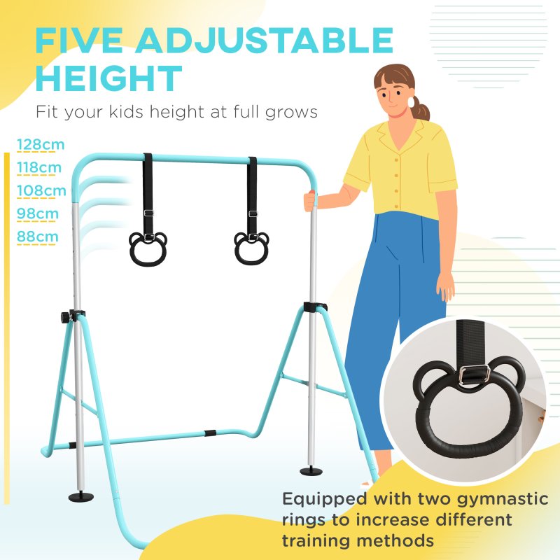 HOMCOM Kids Gymnastics Bar, Horizontal Bar for Kids, Adjustable Height Folding Gymnastics Equipment with Gymnastic Rings, Non-slip Rubber Floor Rings, for Home, Flat, Green