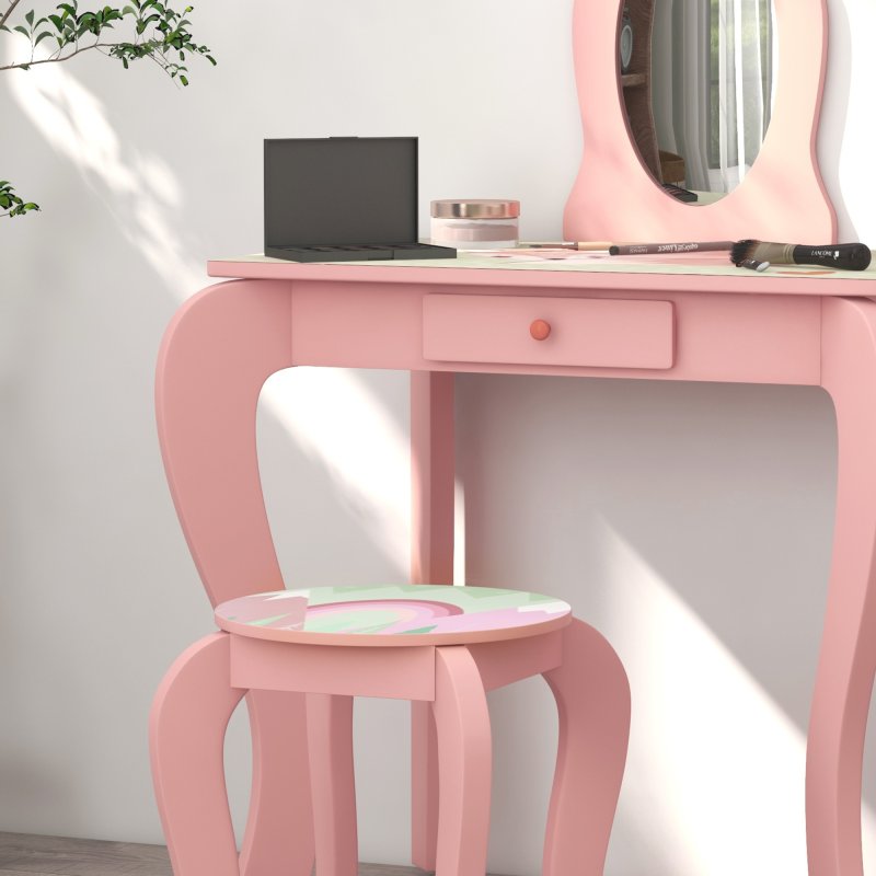 ZONEKIZ Kids Dressing Table, Girls Vanity Table Cute Animal Design with Mirror, Stool, Desk, Drawer for Kids Room, Bedroom, Nursery, 3-6 Years Old, Pink