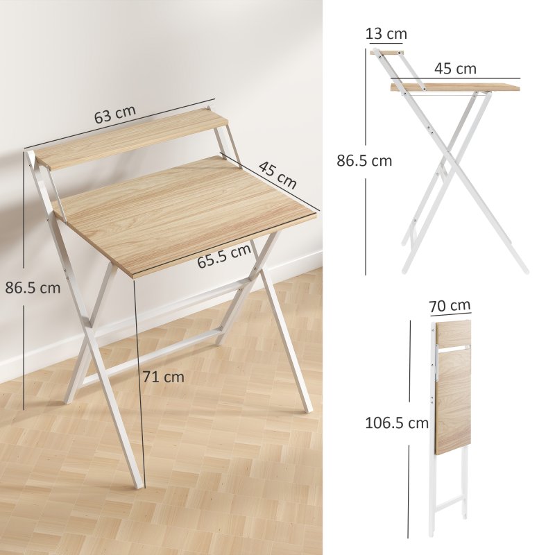 HOMCOM Folding Desk with Monitor Shelf, 70 cm Foldable Computer Desk for Small Spaces, Space Saving Writing Table Workstation for Home Office, Study, Easy Assembly