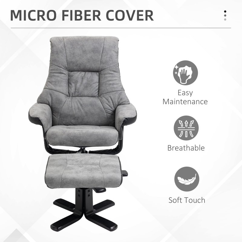 HOMCOM Recliner Chair With Footstool, Swivel Lounge Armchair, 135° Reclining Chair With Soft Padded Seat and Armrest For Living Room, Bedroom, Grey