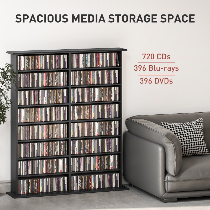 HOMCOM 720 CD/396 DVD Storage Unit, 396 Blu-ray Media Storage Shelf with 16 Compartments and 12 Adjustable Shelves, CD Tower for Living Room, Bedroom, Office