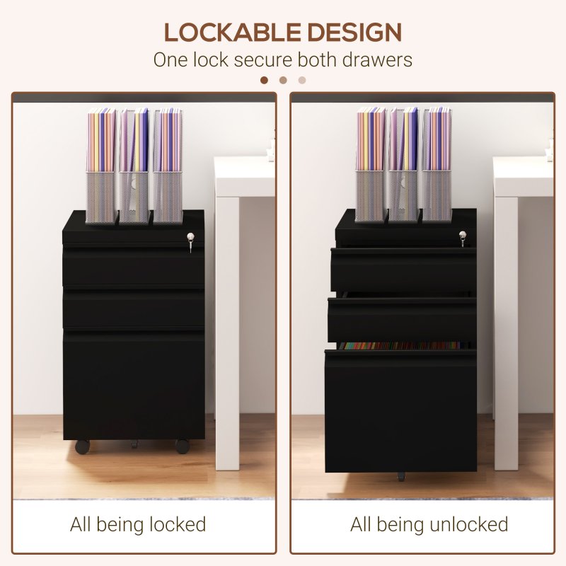 Vinsetto 3-Drawer Filing Cabinet with Lock, Mobile Steel File Cabinet for A4, Legal and Letter Size, Under Desk Drawers with Pre-Assembled Body for Home Office, 37 x 43.5 x 60 cm, Black