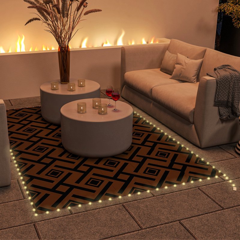 Outsunny Reversible Outdoor Rug with LED String Lights, Waterproof Plastic Straw Mat with Carry Bag for Garden, Deck, RV, Picnic, Beach, Camping, 182 x 274cm, Brown and Black