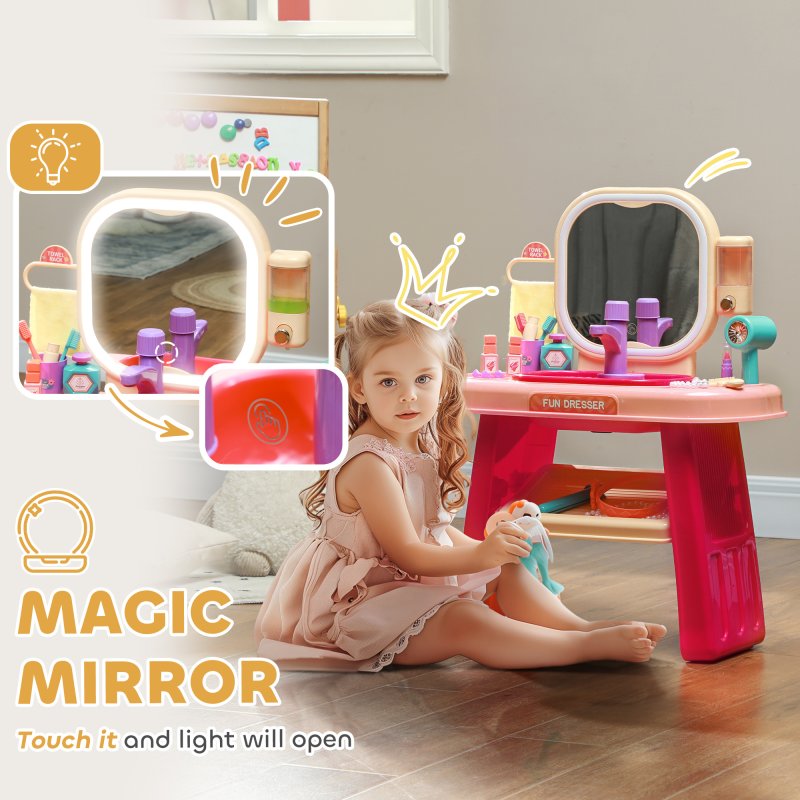 AIYAPLAY Kids Dressing Table, Kids Vanity Table with Mirror LED Light, Music, 23 Accessories, for 3-6 Years - Pink