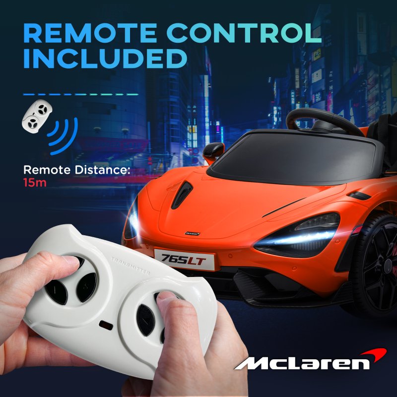 AIYAPLAY McLaren 765LT Licensed Electric Car for Kids with Butterfly Doors, 12V Kids' Electric Ride on with Remote Control, Transport Wheels, LED Lights, MP3 Music, Horn, for 3-6 Years, Orange