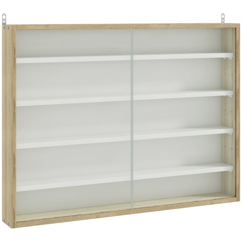 HOMCOM 5-Tier Wall Mounted Display Cabinet, Display Case with 4 Adjustable Shelves, Glass Doors for Home Office Ornaments 60x80cm, Natural