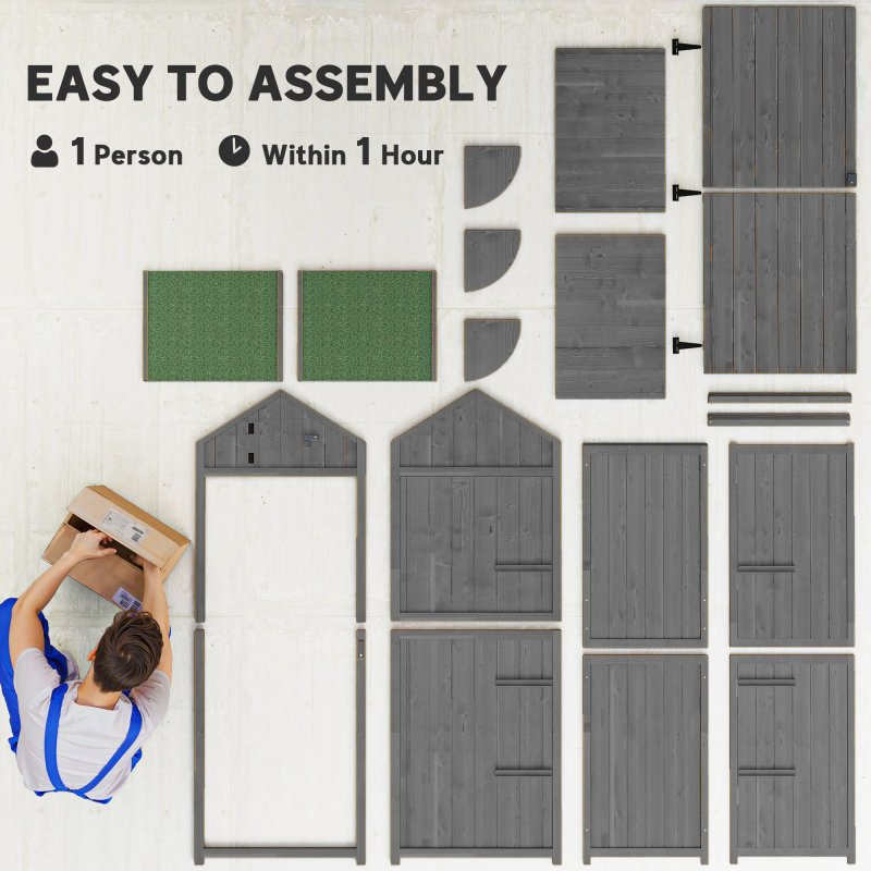 Outsunny Wooden Garden Shed, Utility Outdoor Small Shed with Lockable Double Doors, Shelves and Roof Hatch, Grey