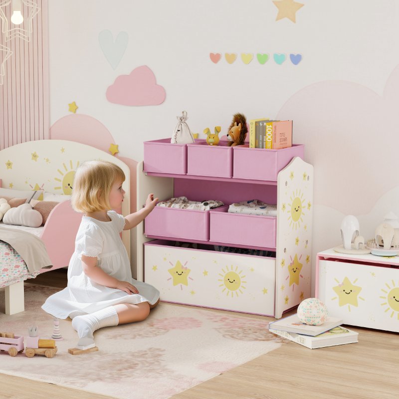AIYAPLAY Kids Toy Storage Units, 3-Tier Toy Organiser Shelf with 6 Removable Fabric Boxes for Kids, Boys, Girls, Bedroom, Playroom, Nursery, Pink