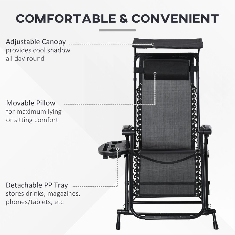 Outsunny Garden Rocking Chair Folding Recliner Outdoor Adjustable Sun Lounger Rocker Zero-Gravity Seat with Headrest Side Holder Patio Deck - Black