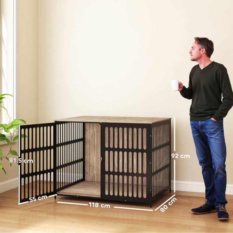 PawHut Dog Crate Furniture, Dog Cage Side End Table Indoor with Anti-Chew Resistant Mesh, Anti-Escape Door, for Extra Large Dogs, 118 x 80 x 92 cm, Walnut Brown