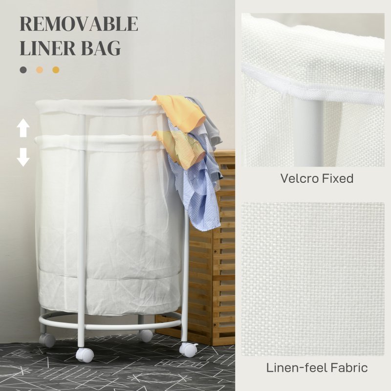 HOMCOM 100L Rolling Laundry Basket on Wheels, 50cm Round Laundry Hamper with Removable Bag and Steel Frame for Bedroom, Bathroom, Laundry Room, Cream White