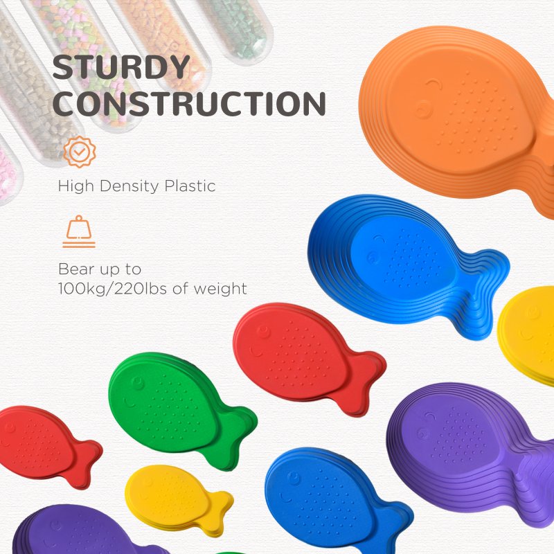 Outsunny Kids Balance Stepping Stones 11-Piece Fish Shape Non-Slip Obstacle Course Stackable Balance Blocks Exercise Toddler Balance for Indoors and Outdoors - Multicoloured