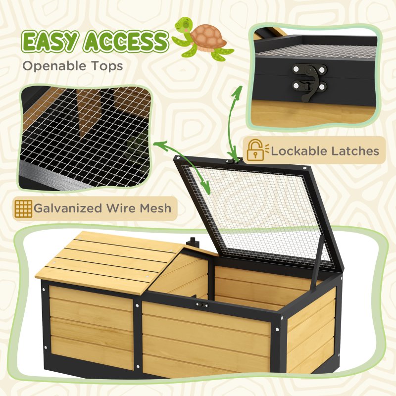 PawHut Wooden Tortoise House Tortoise Table with Hide Shelter Run, Openable Top, Tray, Yellow