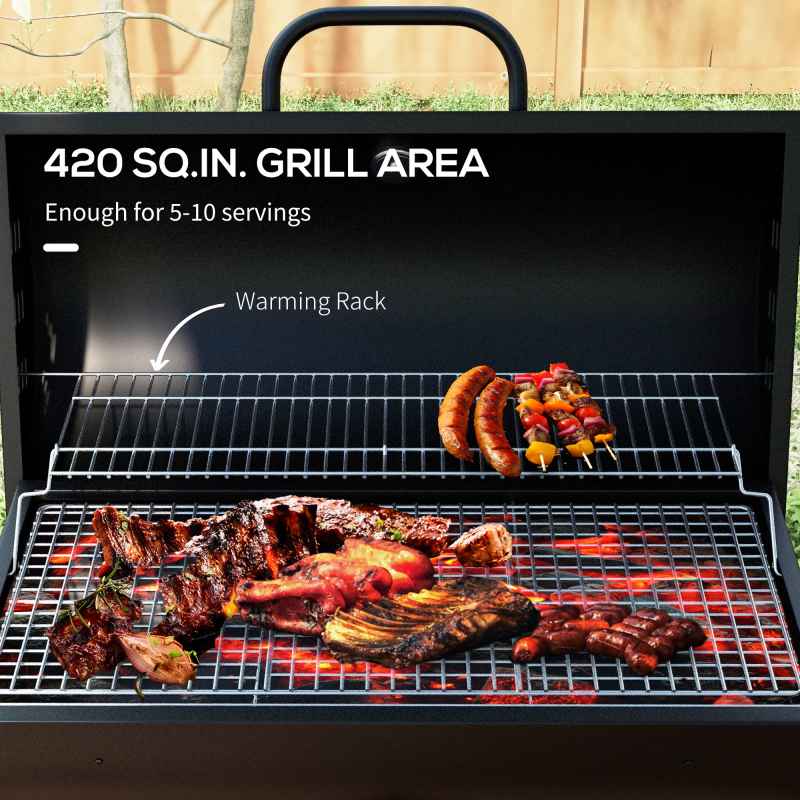 Outsunny Charcoal Barbecue Grill, Portable Barrel BBQ Trolley Smoker with Wheels, Ash Catcher and Thermometer for Outdoor Garden Party Cooking, Black
