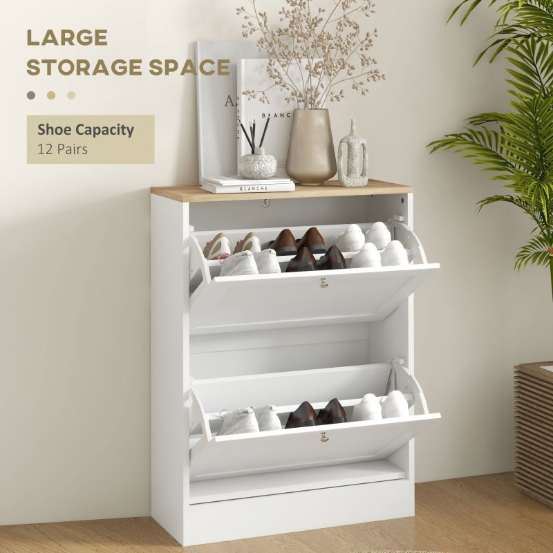HOMCOM Slim Shoe Storage Cabinet for Hallway, Modern Narrow Shoe Cabinet with 2 Flip Drawers and Adjustable Shelves for 12 Pairs of Shoes, White