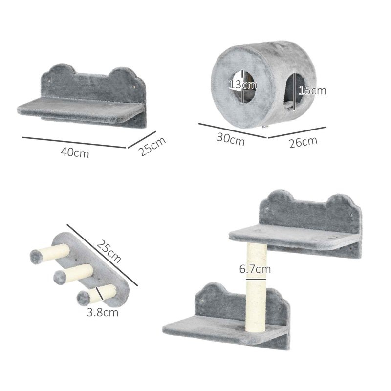 PawHut 4PCs Wall Mounted Cat Tree, Cat Wall Furniture with Platforms, Steps, Scratching Post, Perch, Cat House for Indoor Cats - Grey