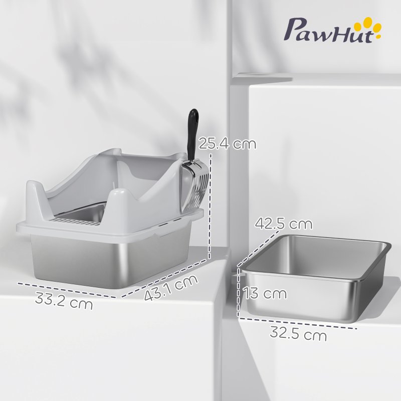 PawHut Cat Litter Tray Stainless Steel, Cat Litter Box High Sided with Metal Litter Scoop, Never Absorbs Odors, Anti Leakage & Easy to Clean, 43 x 33 x 25 cm, Grey