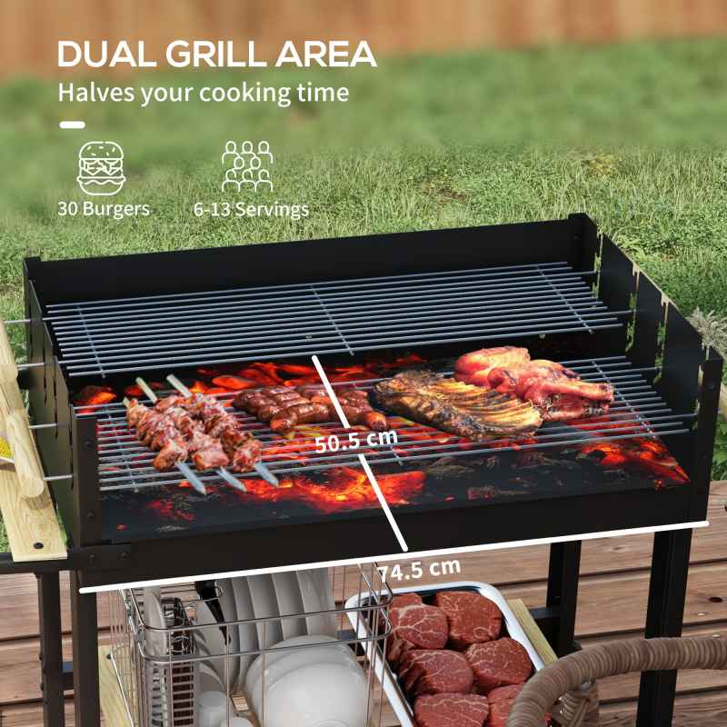 Outsunny Charcoal?BBQ?Grill, Barbecue?Trolley with Double Adjustable Grill, Side Table, Storage Shelf and Wheels for Outdoor Garden Party Cooking, Black