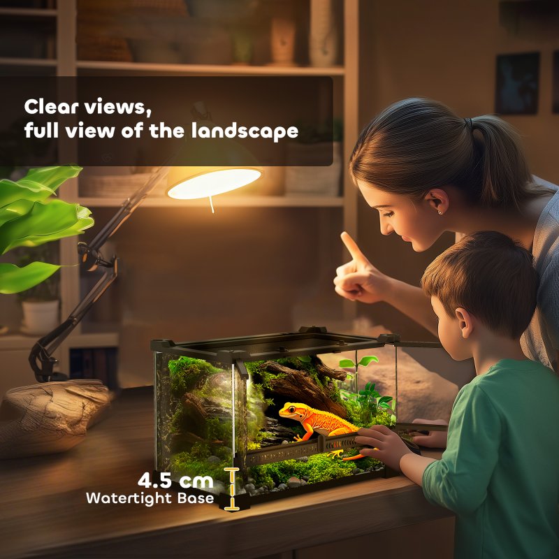 PawHut Reptile Glass Terrarium, Reptile Vivarium with Stone Background, Front Ventilation, Escape-Proof Knob Lock, Glass Enclosure for Lizards, Horned Frogs, Snakes, 30 x 20 x 20 cm, Black