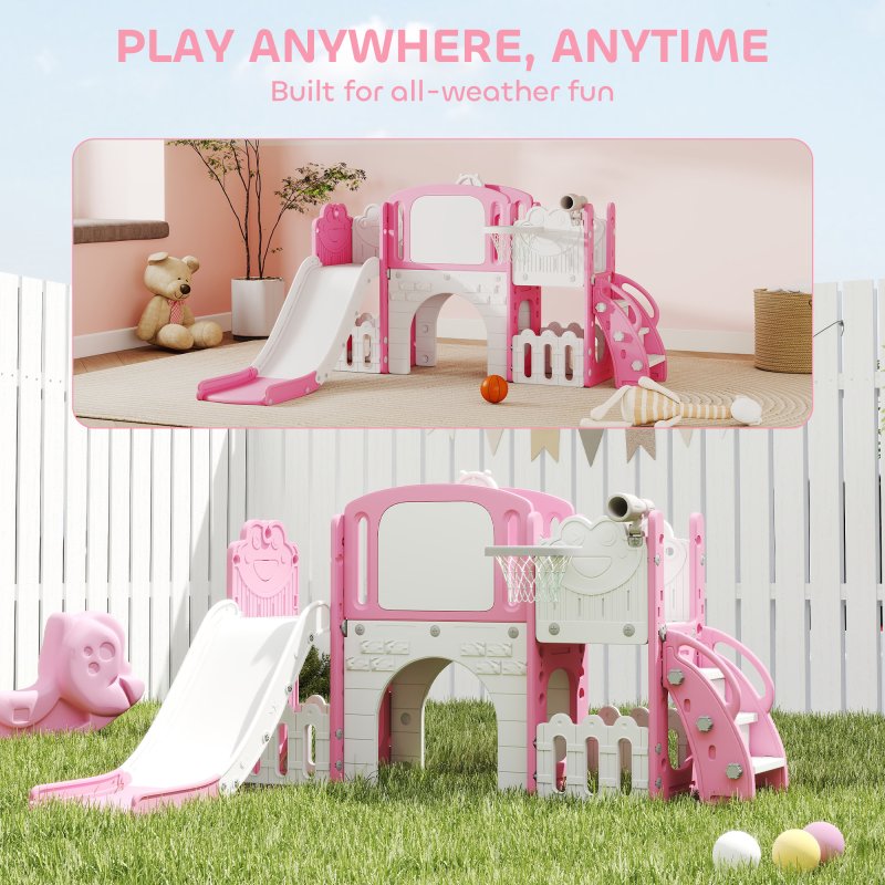 AIYAPLAY 7 in 1 Toddler Slide Set with Basketball Hoop, Outdoor & Indoor Frog Theme Playset with Climbing Frame, Telescope, Drawing Board, Storage Box for Toddlers Ages 1-3, Pink