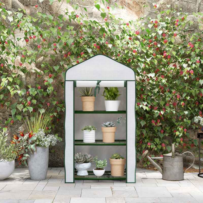 Outsunny 3 Tier Mini Greenhouse with Reinforced PE Cover, Portable Indoor Outdoor Greenhouse with Roll-up Door and Wire Shelves, 127H x 59W x 39D cm, White