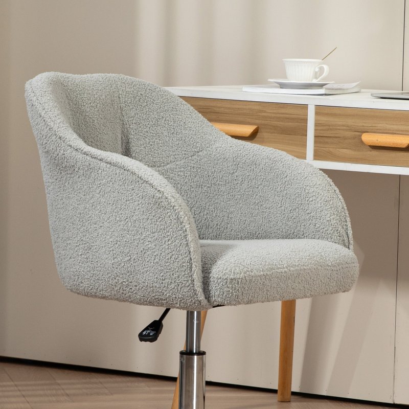 HOMCOM Office Chair, Teddy Fleece Swivel Computer Desk Chair, Makeup Vanity Seat with Adjustable Height for Home Study Bedroom, Grey