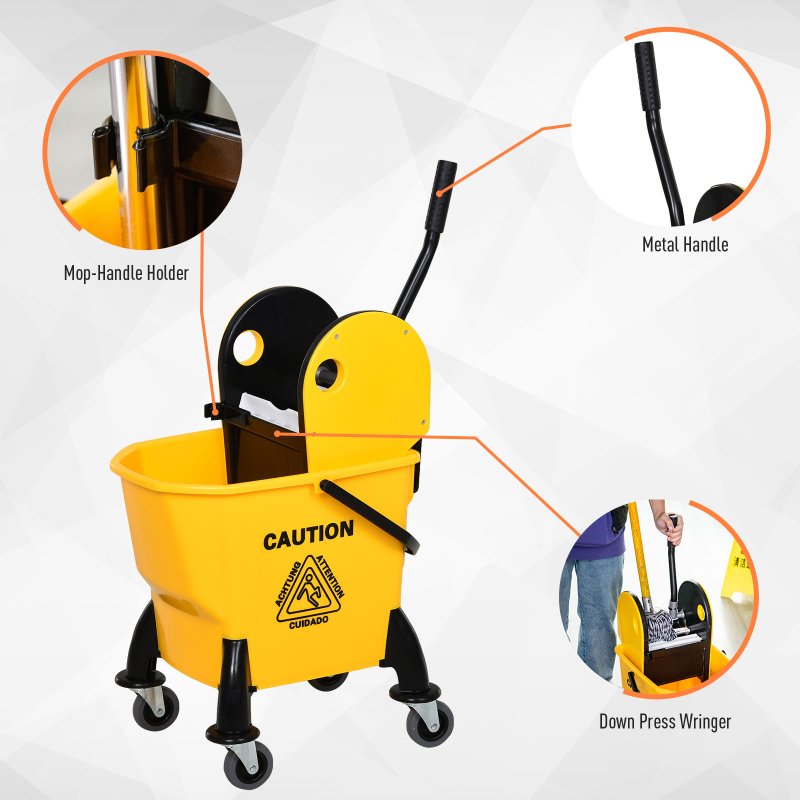 HOMCOM 26L Mop Bucket with Wringer, Mop Bucket on Wheels with Carry Handle, Mop Holder, Plastic Body for Household, Yellow