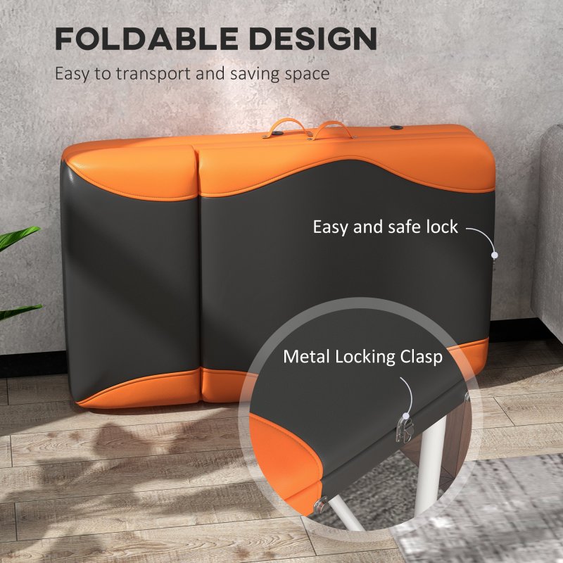 HOMCOM Foldable Massage Bed Portable Table, 3-Section Aluminium Foldable Beauty Couch, Professional Salon Spa Table with Headrest Support and Carry Bag, 60 cm Width, Black and Orange