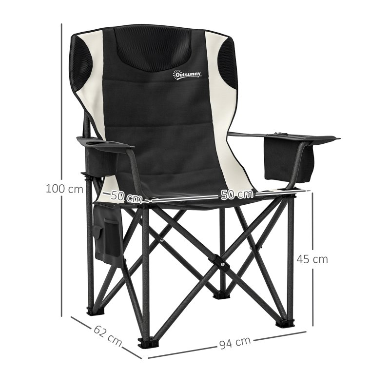 Outsunny Set of 2 Folding Camping Chairs, Padded Camping Chairs with Adjustable Armrests, Portable & Lightweight Folding Camp Chair with Cooler Bag, Cup Holder and Side Pockets, Black